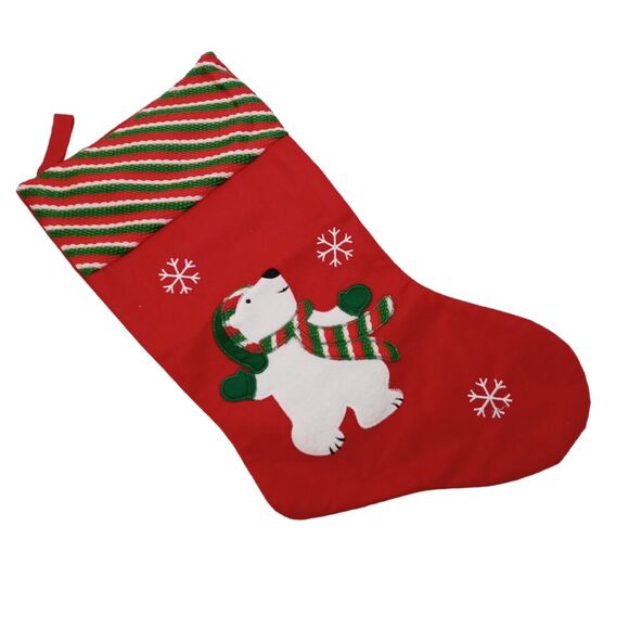 Whimsical Polar Bear Christmas Stocking Red Green White Snowflakes Holiday Decor - Picture 4 of 10